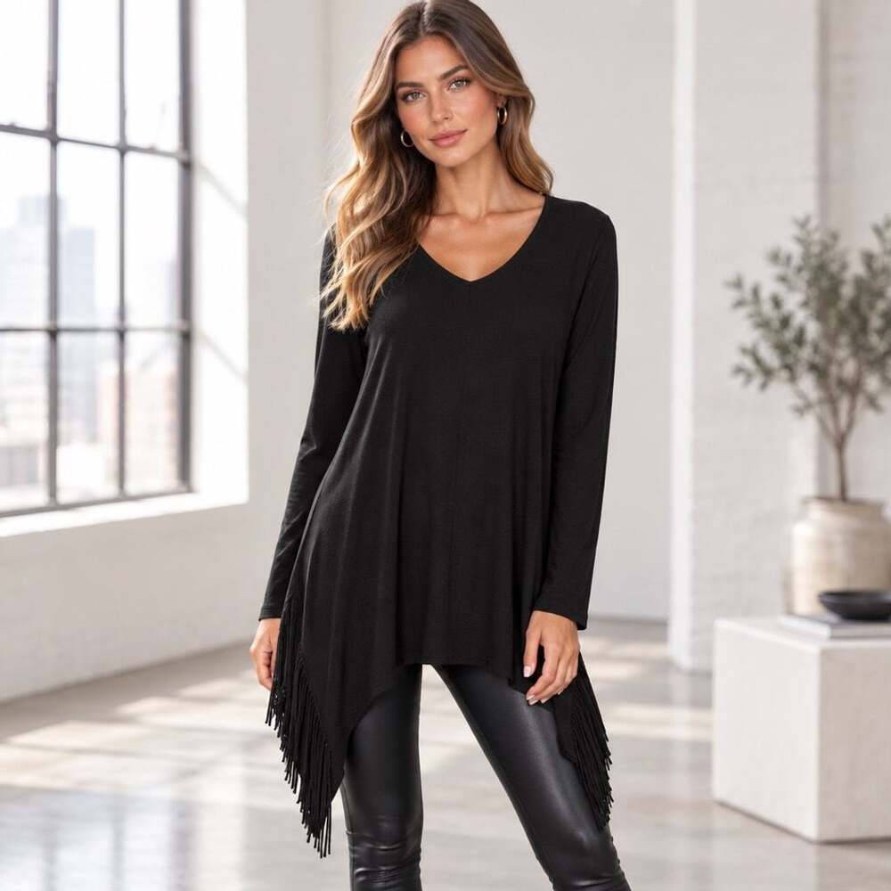 Chelsea & Theodore Tunic Size L Black Fringe Asymmetrical Long Sleeve V-Neck